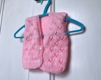 Baby cardigan, baby girl clothes, pink hearts, lace eyelet hand knitted vest, sleeveless, 0-3 months, handmade