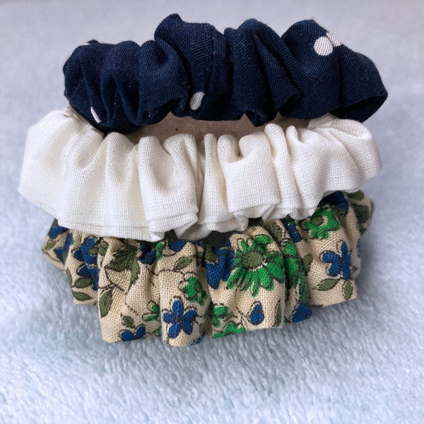 Hair scrunchies, blue scrunchy pack, skinny mini thin, hair ties & elastic, hair bobble, hairband, polka dot flowers, stocking filler