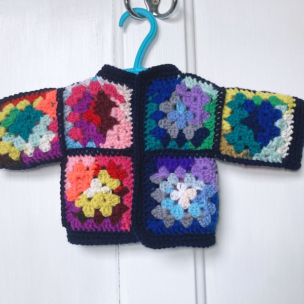 Baby cardigan, granny square rainbow sweater, baby girl clothes, 0-3 months, handmade