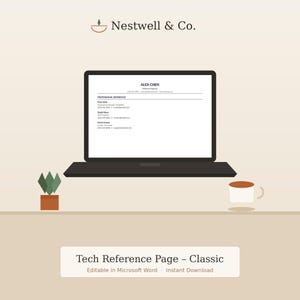 May include: A black laptop screen displaying a professional reference page for Alex Chen, Software Engineer. Above the laptop is the text Nestwell & Co. with a small bowl icon. Below is a text box stating Tech Reference Page - Classic.
