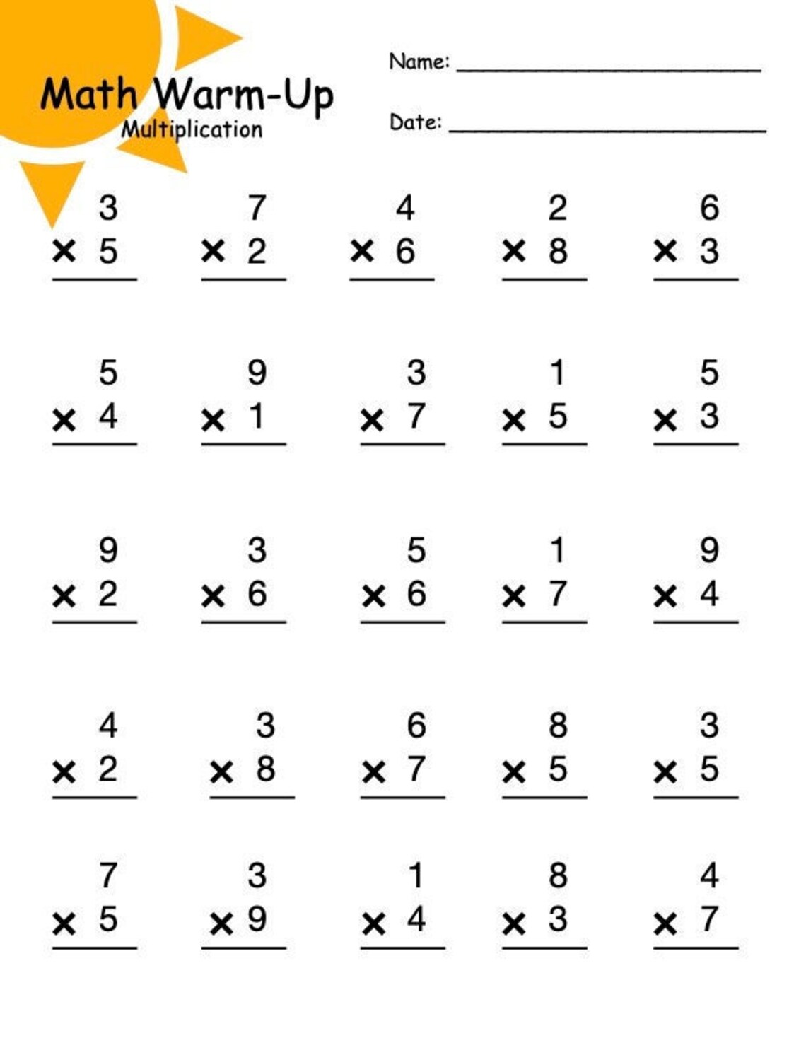 Multiplication Warm-up or Homework Digital Download for Elementary School Students - Etsy