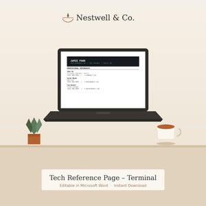 May include: A digital template for a professional reference page titled Tech Reference Page - Terminal, displayed on a laptop screen. The document features a black header with the name Jamie Park and a list of professional contacts in white text.