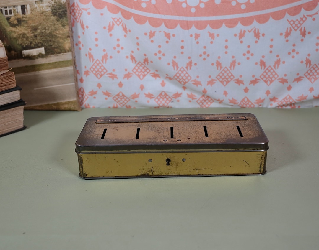 Vintage Tin Gold Coloured Savings Tin Old Cash Tin - Etsy