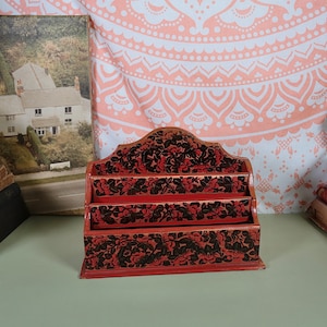 Vintage Letter Rack Wooden Red floral Pictured Letter Rack