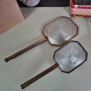 Vintage Vanity Mirror And Brush Set Green And Brass Coloured