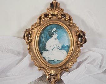 Vintage Small Ornate Oval Frame Girl Picture