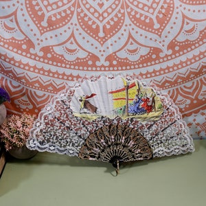 Vintage Fan Spanish Lace And Fabric Folding Fan