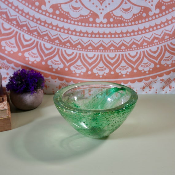 Vintage Green Glass Bowl Old Glass Trinket Bowl Boho Retro Etsy