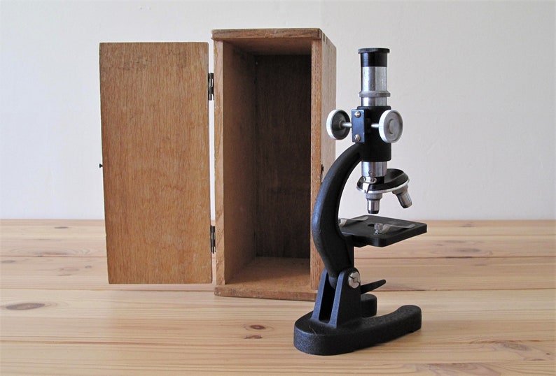 A Vintage Microscope With A Wooden Storage Box Old Microscope Etsy