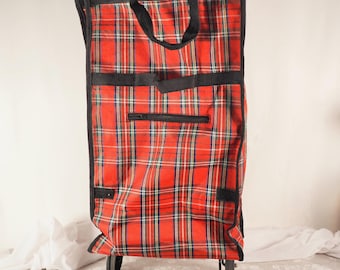 Vintage Falten Rote Tartan Einkaufstasche Auf Rollen Trolley Tasche