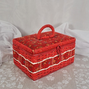 Vintage Red Floral Sewing Basket Craft Storage