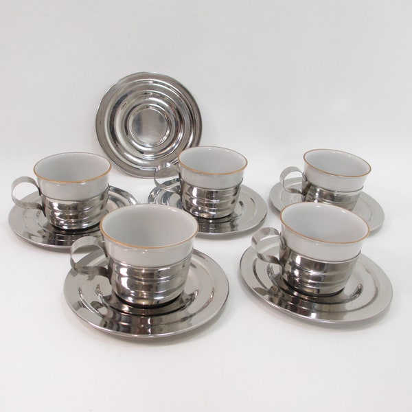 Diamante Stainless & Ceramic Espresso 11pc Set Columbia Cafe Coffee White Silver Cup Saucer