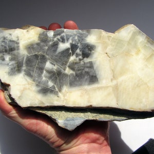 May include: A large, white, and gray rock with a layered, crystalline structure. The rock has a rough, uneven surface and is held in a person's hand.