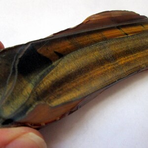 May include: A raw, uncut piece of tiger's eye gemstone with a brown, gold, and black color pattern. The stone has a smooth, polished surface and a slightly curved shape.