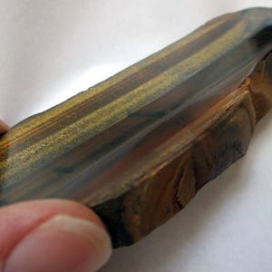 May include: A raw, unpolished piece of tiger's eye gemstone with a natural, irregular shape. The stone has a rich brown, gold, and black color pattern with a glossy finish.
