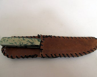 Rustic Rock handle hand Made Knife Made from Old Saw blade  Quartz malachite ore Handle with leather sheath Free Shipping