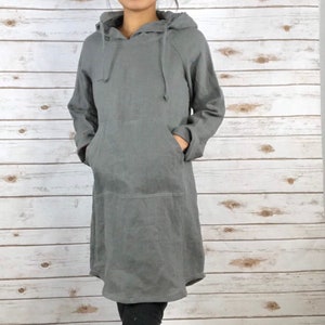 HD1001/ASPHALT/ 100 % Linen Hoodie dress 34" Length/everyday dress/ Washed/Long sleeve/All season