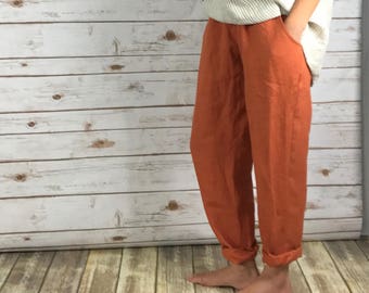 PL2201/100%Linen EVERYDAY PANTS-Washed/ Textured/ LINEN/flax/pull-up pants