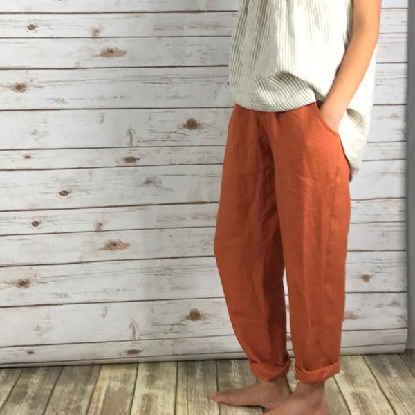 PL2201/100%Linen EVERYDAY PANTS-Washed/ Textured/ LINEN/flax/pull-up pants