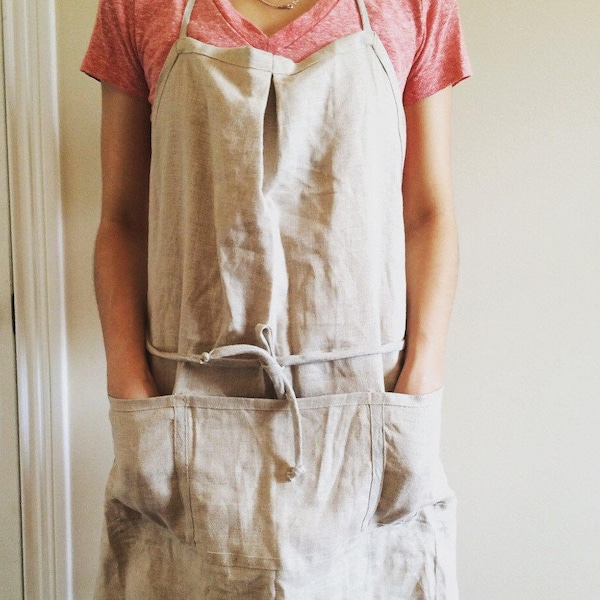 Original 100% Leinen Pinafore Schürze/ Vollschürze/Mit 5 Taschen/Kochschürze/Umweltfreundliches Geschenk/ Verstellbare Krawatten an Hals und Taille