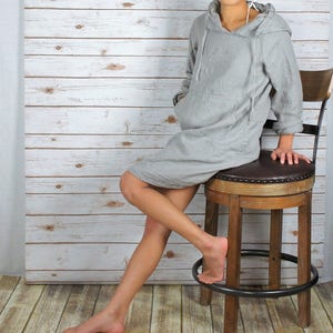 HD1001/ 100 % Linen Hoodie dress 34 Length/everyday dress/ Washed/Long sleeve/All season image 4