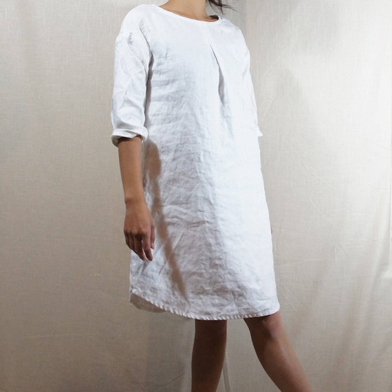 knee length dresses for ladies Linen Dress with 3/4 Sleeves and Princess Seams 'Delilah', Midi Length