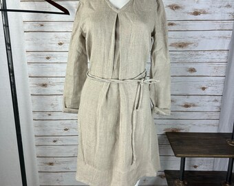 LD 2502/NATURAL/ 100% LINEN V-neck dress with waist ties /36"