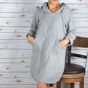 HD1001/ 100 % Linen Hoodie dress 34 Length/everyday dress/ Washed/Long sleeve/All season imagem 1