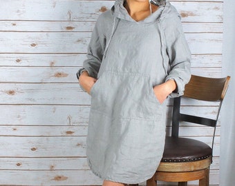 HD1001/ 100 % Linen Hoodie dress 34" Length/everyday dress/ Washed/Long sleeve/All season