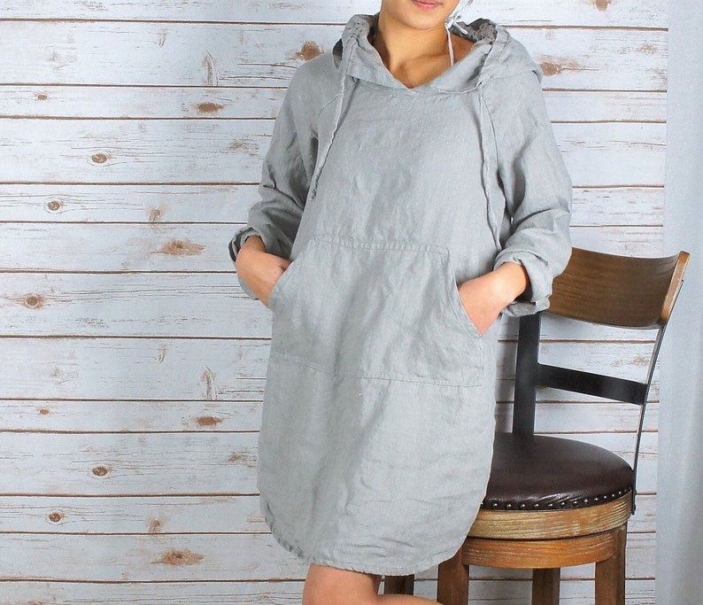 HD1001/ 100 % Linen Hoodie dress 34 Length/everyday dress/ Washed/Long sleeve/All season image 1