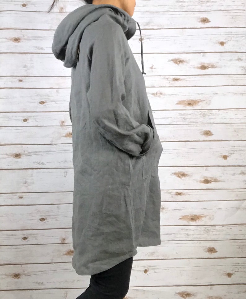 HD1001/ 100 % Linen Hoodie dress 34 Length/everyday dress/ Washed/Long sleeve/All season imagem 5