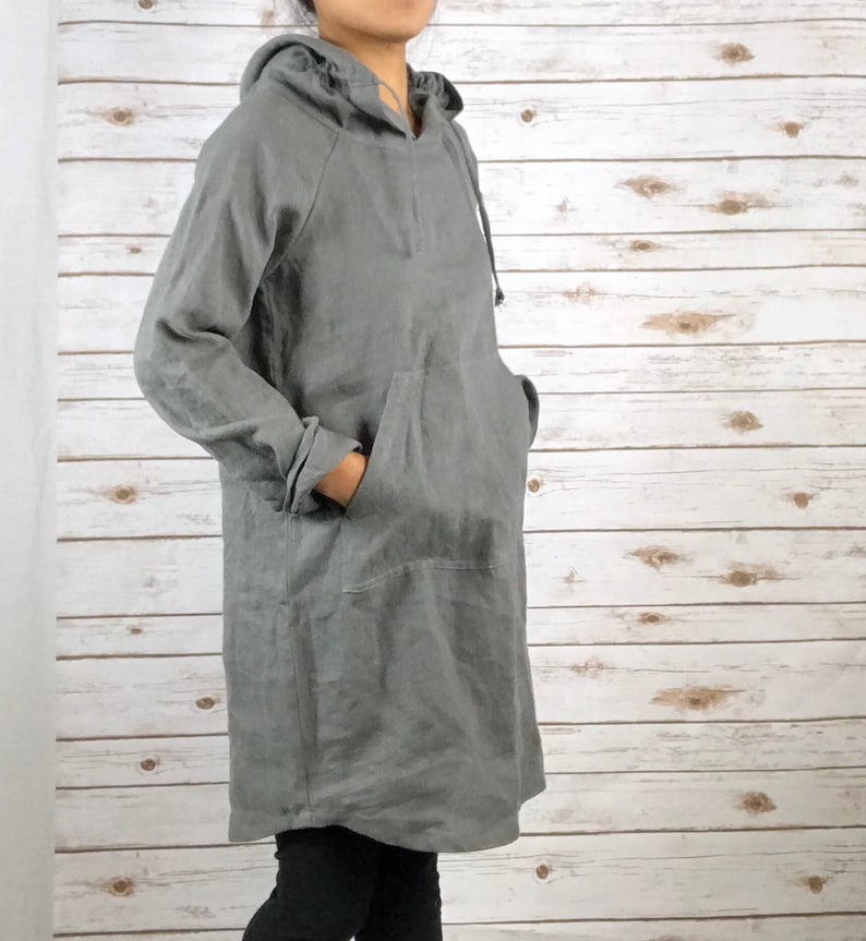 HD1001/ 100 % Linen Hoodie dress 34 Length/everyday dress/ Washed/Long sleeve/All season imagem 7