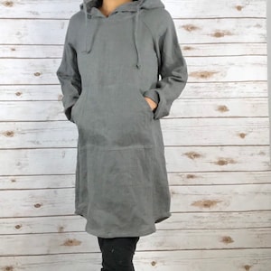 HD1001/ 100 % Linen Hoodie dress 34 Length/everyday dress/ Washed/Long sleeve/All season image 6