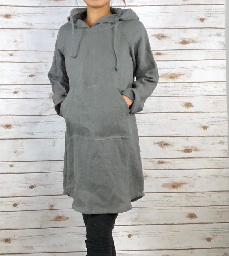 HD1001/ 100 % Linen Hoodie dress 34 Length/everyday dress/ Washed/Long sleeve/All season image 6