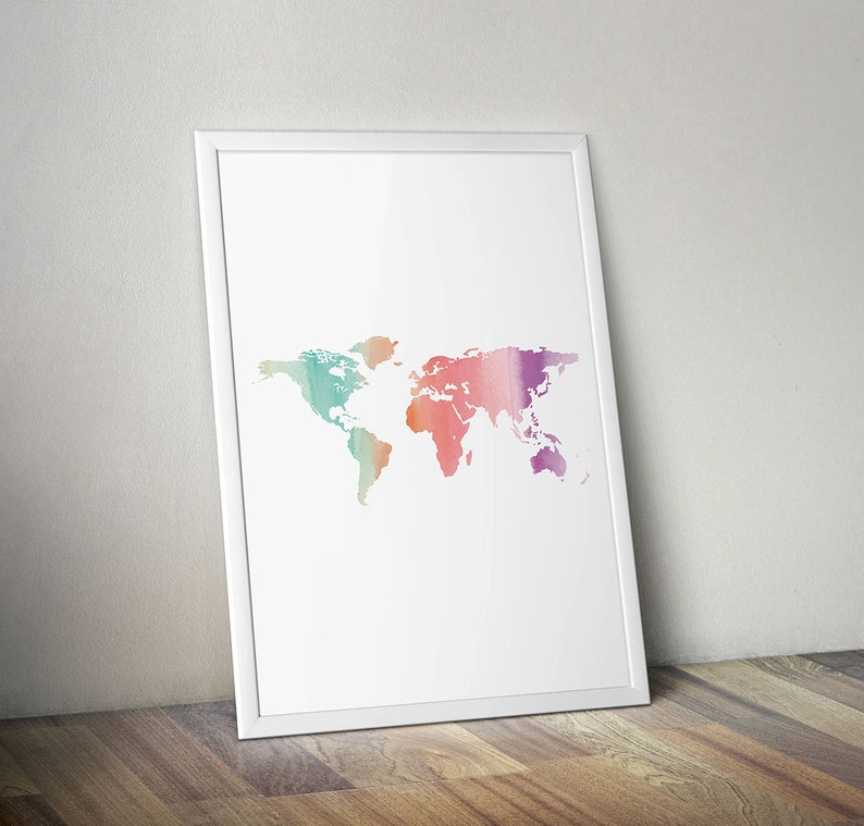World Map Pastel Watercolor Printable Art Poster Wall Decor Etsy
