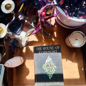 Puede incluir: Naturaleza muerta con un libro antiguo titulado "The House of Egremont" con un diseño floral y de corona. Una vela, un candelabro y una planta con hojas moradas también están presentes sobre una superficie de madera.