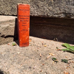 Puede incluir: Un libro naranja titulado "Shakespeare" con los títulos "Much Ado About Nothing", "King Henry IV Part 1", "Romeo and Juliet", "Hamlet" y "King Lear". El libro está editado por G.L. Kittredge y publicado por Ginn and Company.