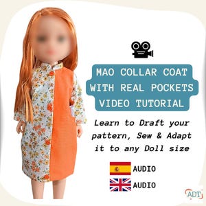 Puede incluir: Una muñeca con un abrigo de cuello Mao de dos tonos con bolsillos reales. El abrigo es mitad naranja y mitad estampado floral con botones naranjas. El texto dice "MAO COLLAR COAT WITH REAL POCKETS VIDEO TUTORIAL".