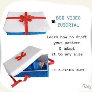 Puede incluir: Una caja blanca con una cinta roja atada con un lazo, sobre una base azul con lunares. La caja está abierta, revelando una muñeca bebé con un atuendo azul. El texto dice "BOX VIDEO TUTORIAL" y "Learn how to draft your pattern & adapt it to any size."
