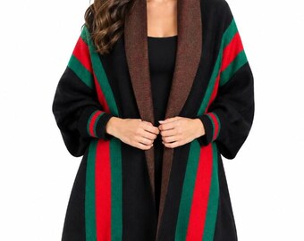 Cape, châle ou étole en laine noire à manches longues pour femme, rouge et verte