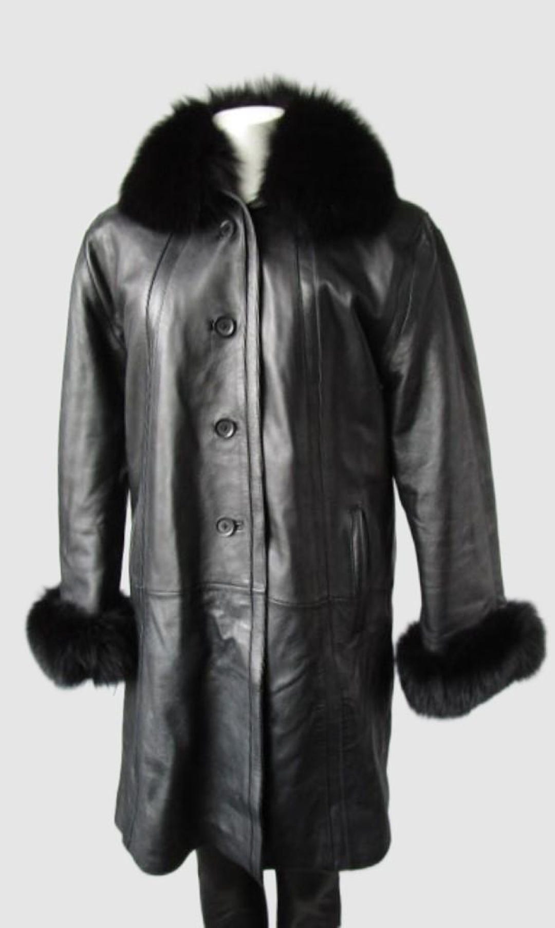 Women's Sz 10 Black Leather Jacket Coat Fox Fur Trim SUPERB