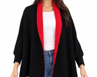 Cape châle en laine mélangée noire et rouge pour femme, avec manches noires