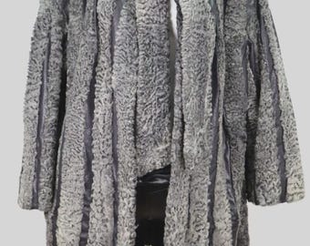 Women's Sz XL 14 Gray Persian Lamb Fur Coat Jacket with Leather Mint+ Grey Woman