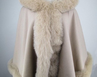 Oatmeal Kaschmir Wolle Cape mit Fuchs Fell Kapuze