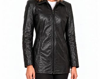 Veste blazer noire taille 8 en cuir véritable pour femme MENTHE+
