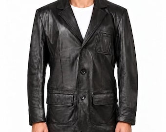 Blouson homme noir en cuir véritable, menthe, taille 44