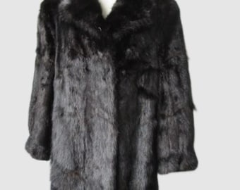 Damen M Sz 10/12 Schwarz Braun Bisamratte Pelz Mantel Jacke MINT+