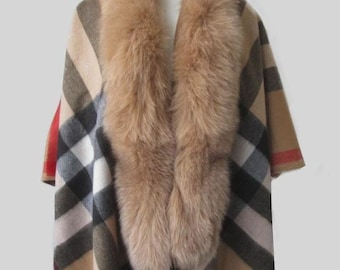 Women's New Cashmere Wool Wrap Cape Shawl Detachable Fox Fur CLEARANCE SALE