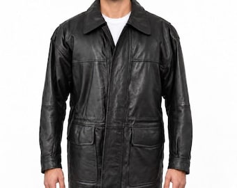 Veste/manteau unisexe en cuir véritable noir, état neuf, taille M (42).