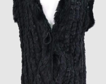 Women's Sz 10 M Black Knitted Rabbit Fur Vest Woman